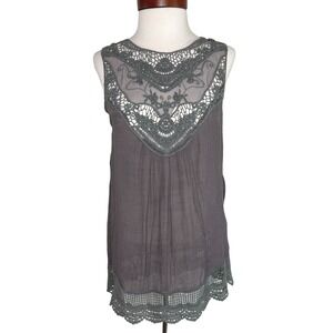 Entro Crochet Lace Trim Tank Top Size M Gray Flowy Boho Forest Fairy Ethereal